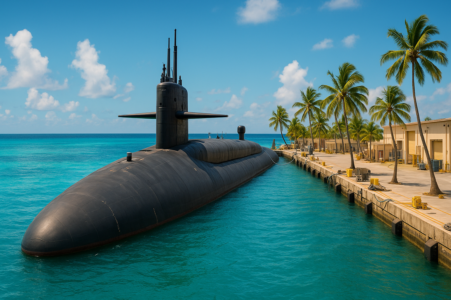 Ohio class submarine in a tropical port with the ocean as a background